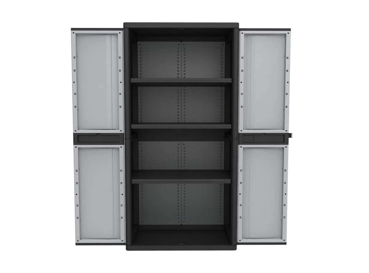 Kreher XXL Kunststoffschrank mit 3 höhenverstellbaren Böden und abschließbaren Türen. Maße BxTxH in cm: 89,7 x 53,7 x 180 cm