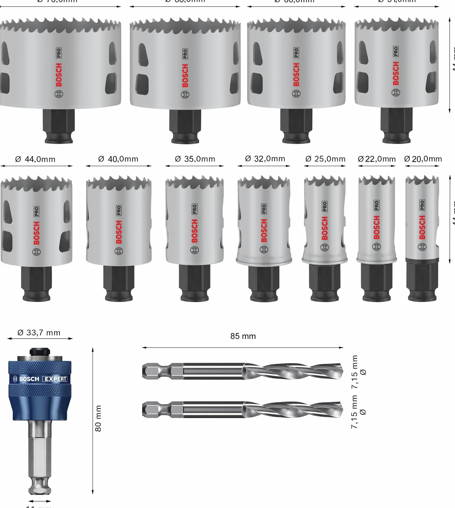 Bosch 14x PRO Multi Material Power Change Plus Lochsäge-Set – Transparentes Etui (für Weichholz, Trockenbauwand, Ø 20-76 mm, Professional Zubehör Bohrmaschine)