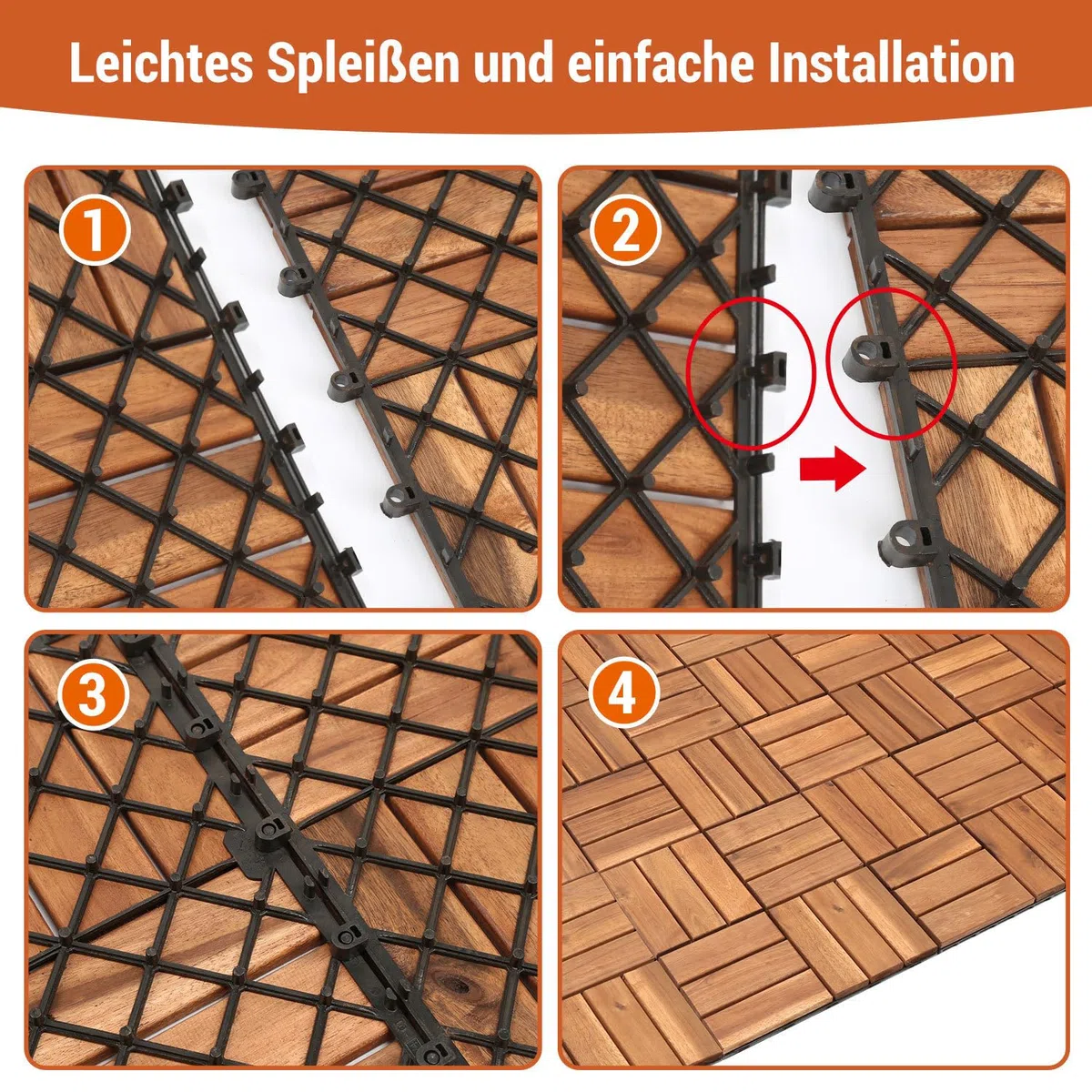 Holzfliesen terrassenfliesen, Akazienholz balkonfliesen 30x30 cm mit Klicksystem, 12 Latten Fliese 11 Stück (1 m²), wetterfester Outdoor Bodenbelag für Balkon und Terrasse