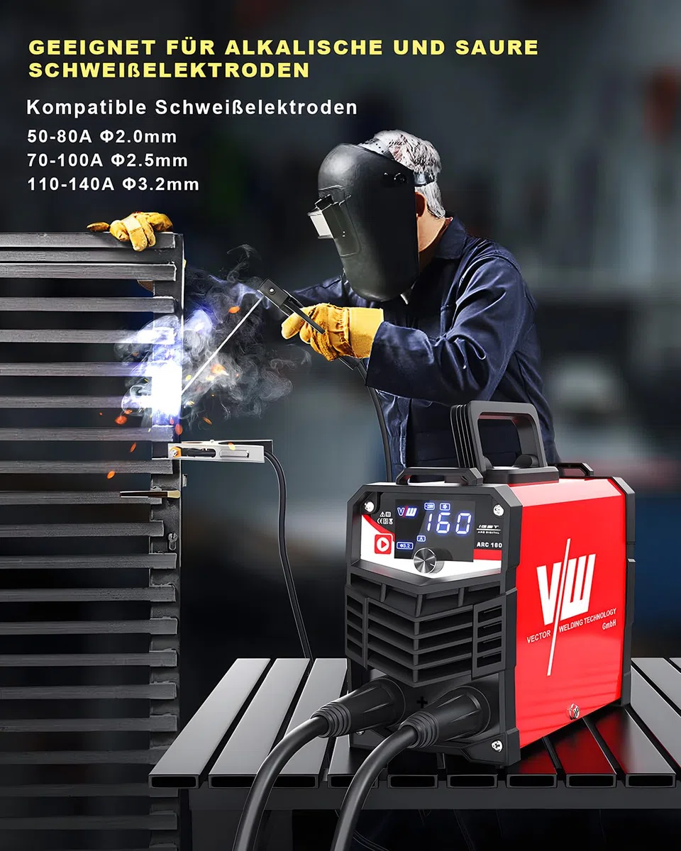 VECTOR WELDING Elektroden Schweißgerät MMA 160A - Schweißgerät Elektrode - Inverter Schweissgerät - Digitales Display - Einsteigergerät - Elektro Schweißgerät - IGBT ARC 160