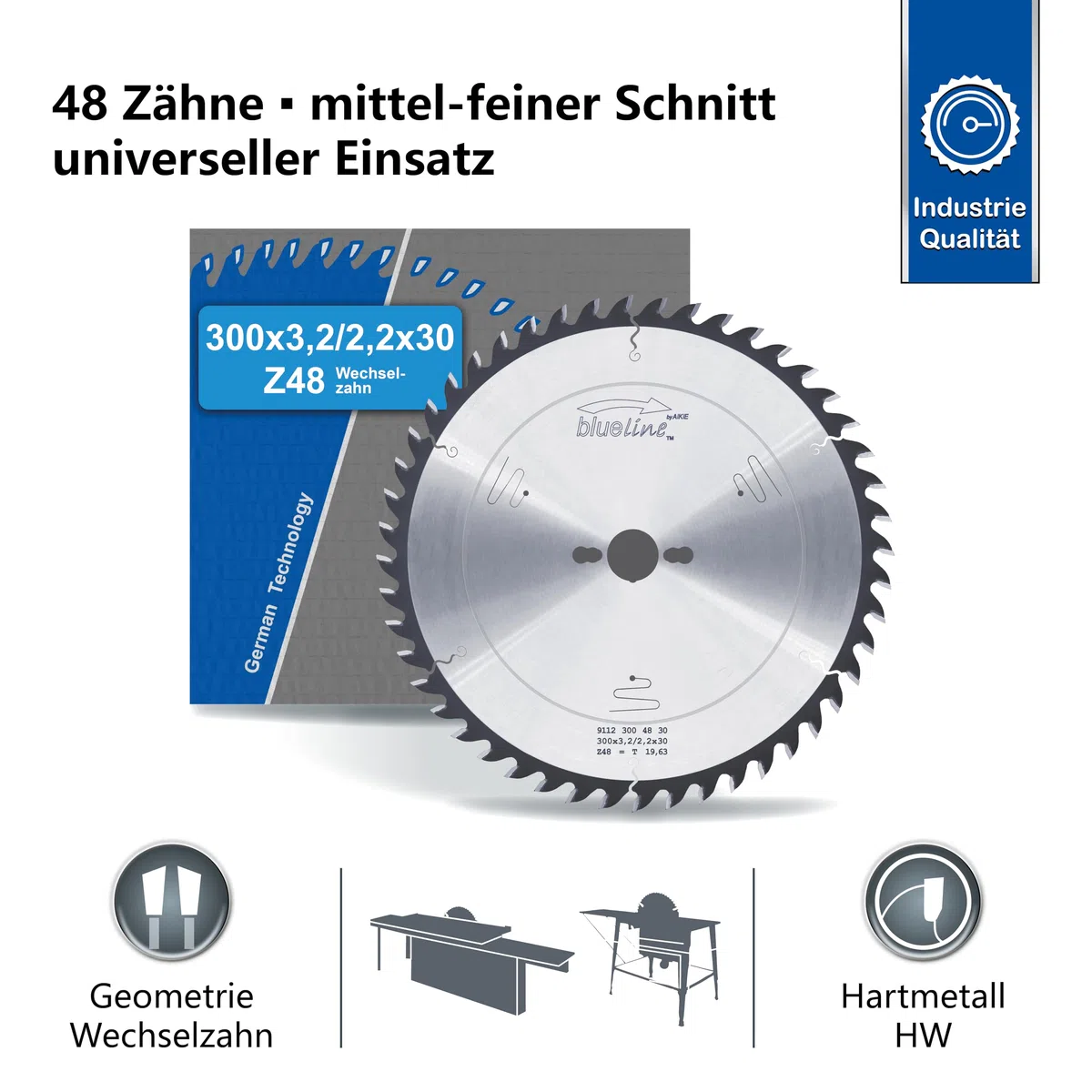 AKE blueline Kreissägeblatt | 300x30 Z48 Wechselzahn, Hartmetall | mittel-feiner Schnitt | für Holz, Holzwerkstoff, Holzwerkstoff beschichtet | auf Formatkreissäge, Tischkreissäge