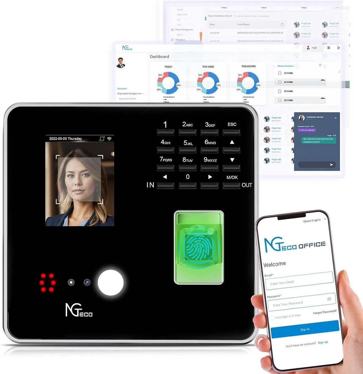 NGTeco TC1 Cloud Zeiterfassungssystem für Unternehmen, Flexible Arbeitszeitmodelle und Schichtplanung, Individuelle Regeln, Excel Export, RFID, Fingerabdruck und Gesichtserkennung, 2,4 GHz WLAN