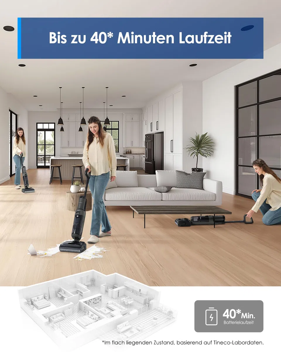 Tineco Floor ONE i6 Stretch Nass Trockensauger, 180° Lay-Flat Nasssauger, 20kPa Saugkraft, 85 °C Heißluft-Trocknung, 40 Min Laufzeit, Beidseitige Reinigung, Anti-Tangle staubsauger für Tierhaare