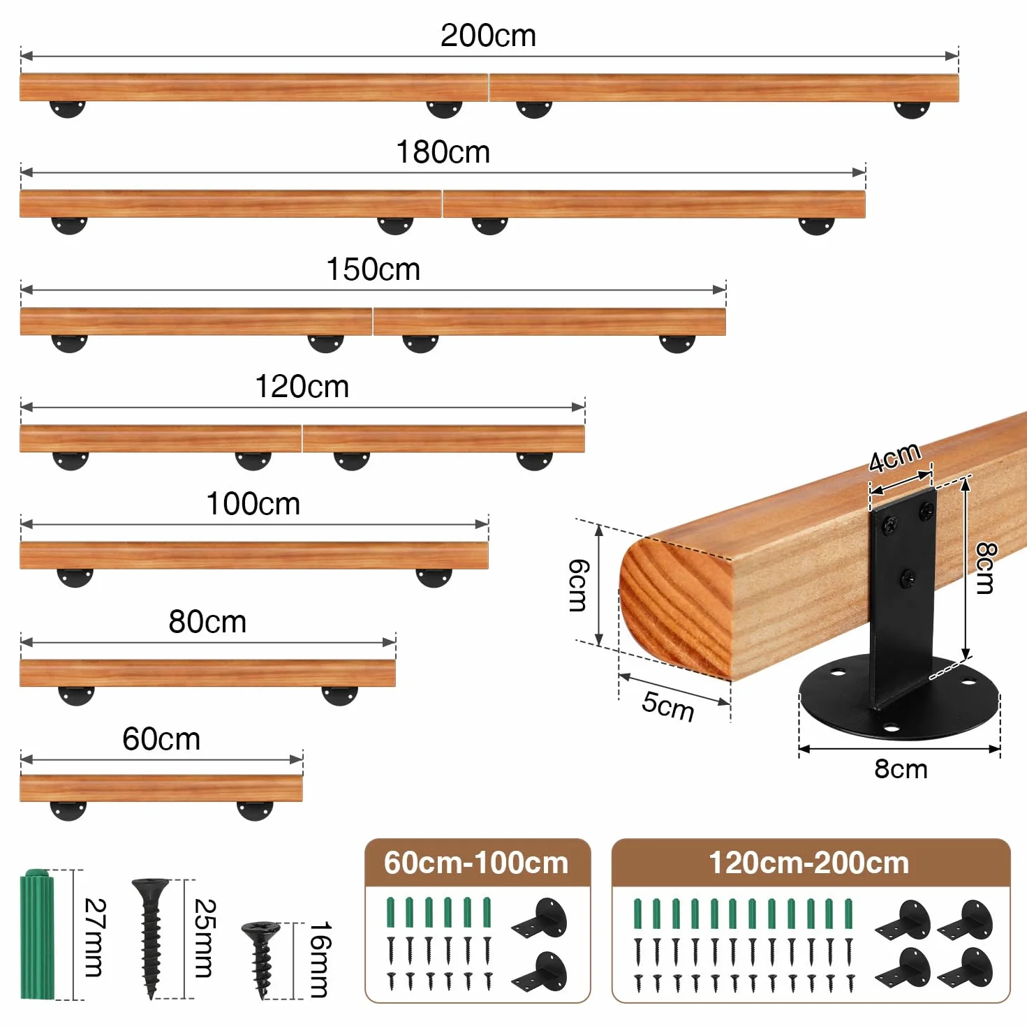 Ikodm Kiefernholz Handlauf Treppengeländer 200cm Geländer für Treppe Treppe Wandhandlauf Wand Treppe seitliche Montage, Inklusive Wandhalterungen, Montagematerial, für Indoor, Halbrunde Wood