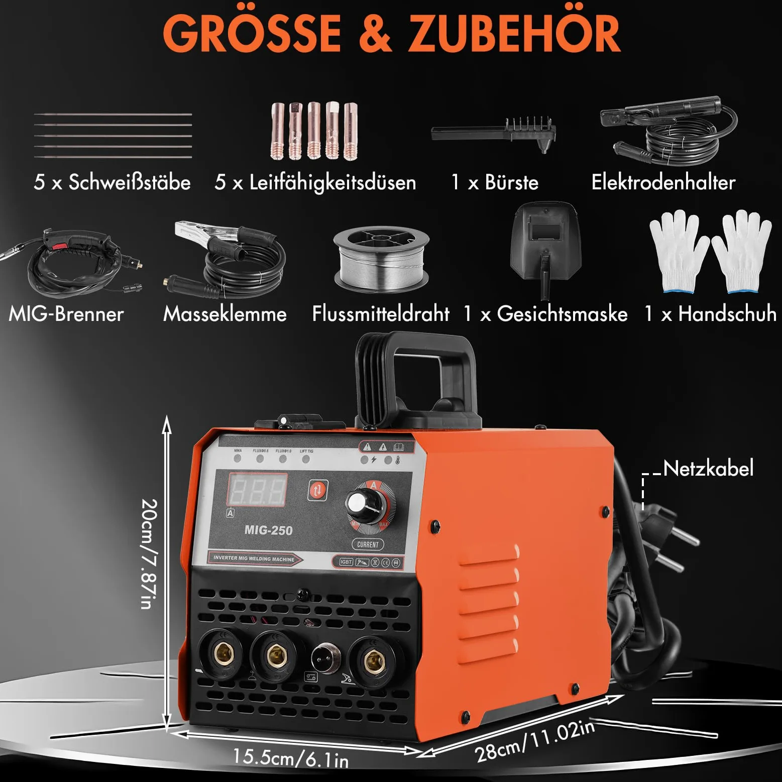 3-In-1 Fülldraht Schweißgerät MIG Schweißgerät mit ARC/Flux MIG/MMA Lift WIG, Fülldrahtschweißen 0,8 mm&1 mm, mit Synergischem Drahtvorschub, IGBT Inverter Schweissgerät LED-Anzeige