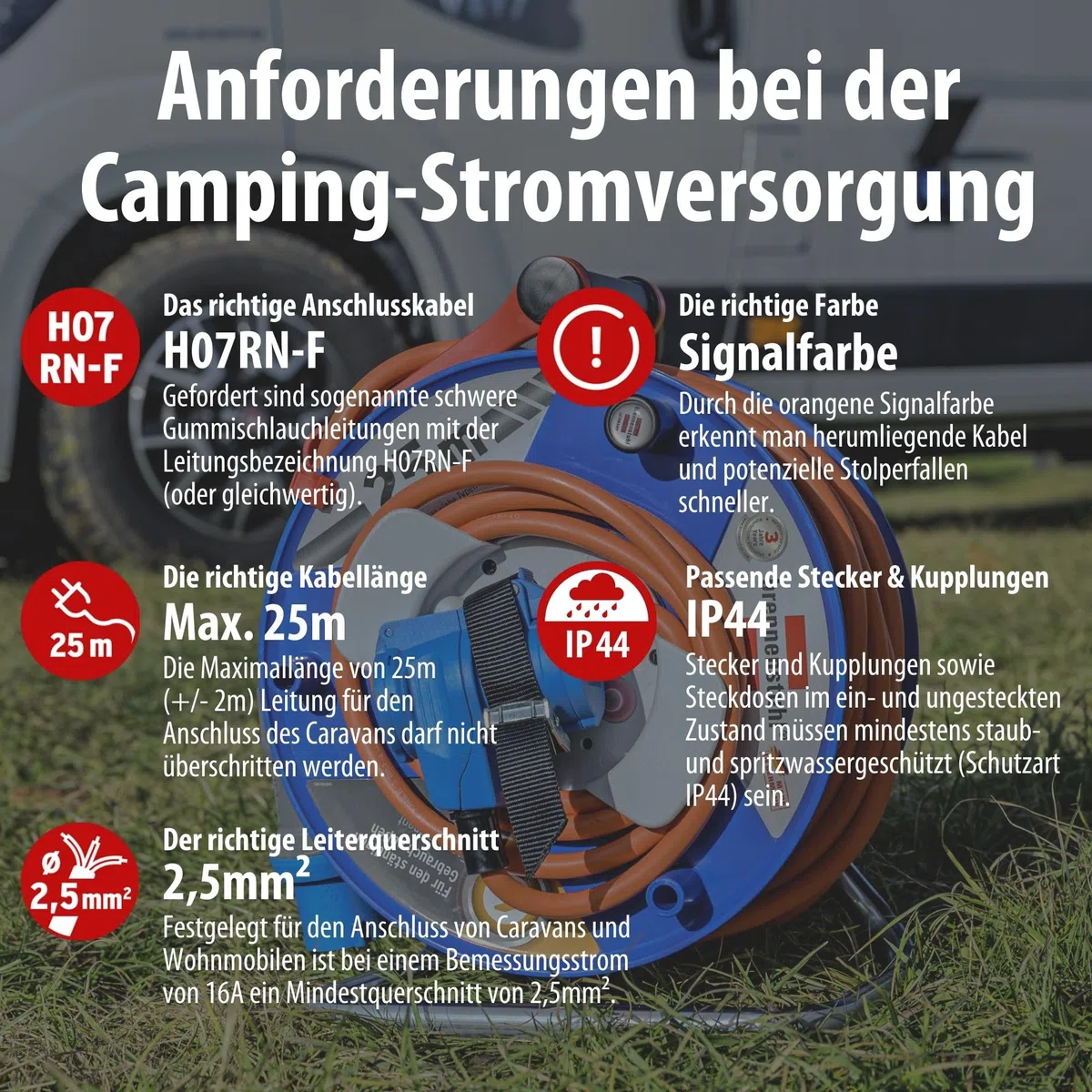 Brennenstuhl Camping-Kabeltrommel 25m, 230V,(H07RN-F 3G2,5 in orange, CEE-Winkelkupplung inkl. Schutzkontakt-Kombisteckdose, für den ständigen Einsatz außen IP44, Made in Germany)