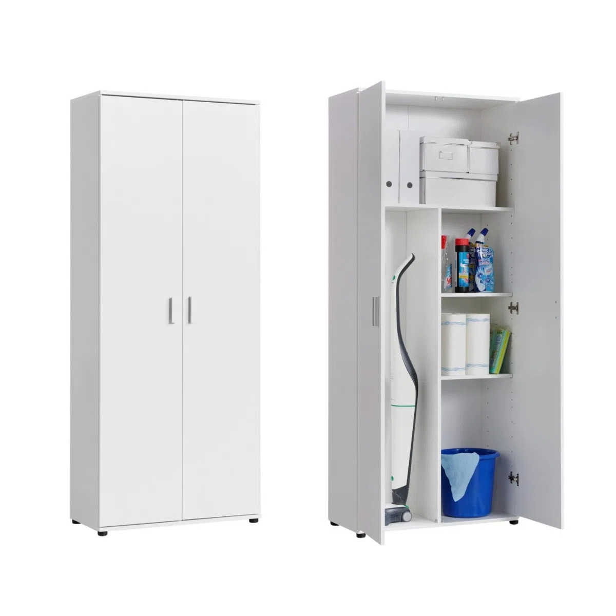 Home Collective Haushaltsschrank 75 cm breit mit Fach für Staubsauger, Putzschrank mit Einlegeböden für Reinigungsmittel, Besen & Wischer, für Hauswirtschaft, Flur & Keller, 75x35x184 cm (BxTxH), Weiß