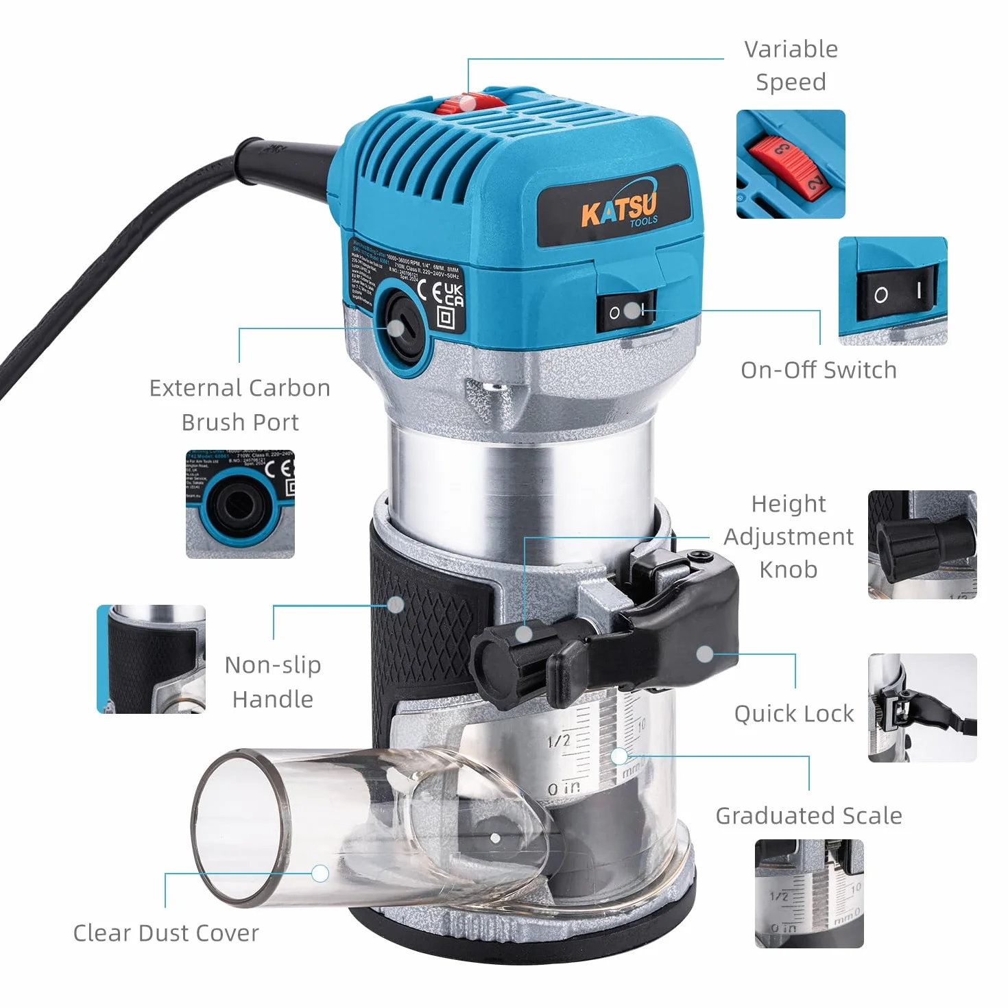 KATSU Tools Elektrohobel/Trimmer Holz 710 W – Soft-Start, Eintauchbasis, Aluminiumgehäuse, 3 Spannzangen (1/4″, 6 mm, 8 mm) Heimwerken