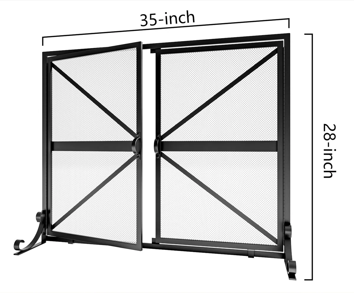 Fire Beauty Kaminschutz mit Türen, 2-teilig, handgefertigt, massives Schmiedeeisen, dekoratives Netz, babysicher, Kaminholz-Ofenzubehör (schwarz)