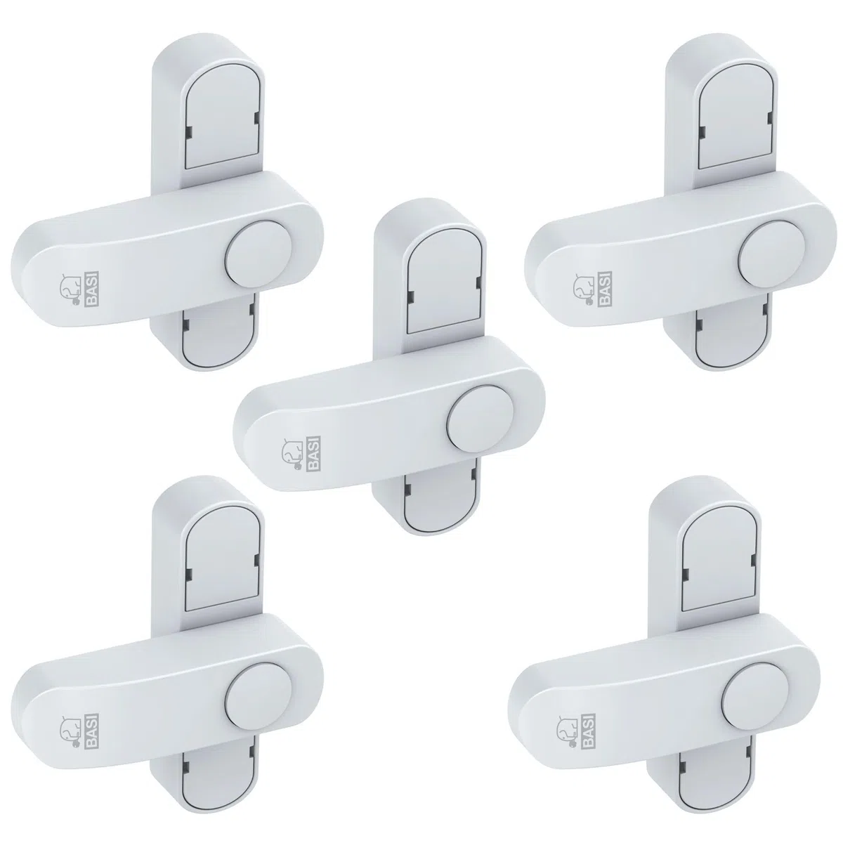 BASI | Fenstersicherung 5er Set | Weiß Braun | Zusatzsicherung für einflügelige Fenster Fenstertüren | verriegelbar mit Druckknopf | Schwenkriegel | Einbruchschutz | Farbe Weiß | 5 Stück