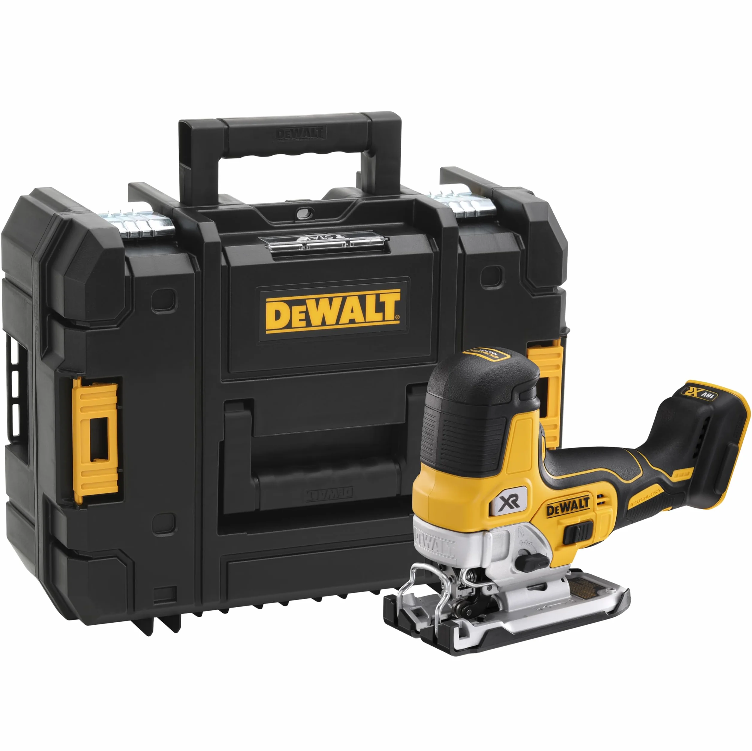 Dewalt 18V Akku-Pendelhubstichsäge DCS335NT (bürstenlos, verstellbarer Alu-Druckguss-Sägeschuh, 3-fach Pendelhub, inkl. Absaugadpater, Sägeschuh-Schutzauflage, TSTAK Box II, Lieferung ohne Akku)