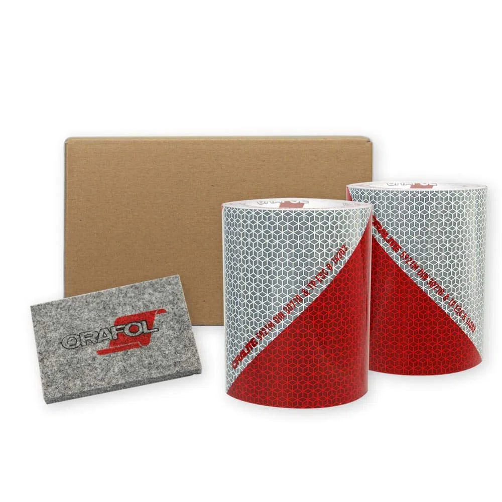 Reflecto Kfz-Warnmarkierung in 141 oder 282 mm Breite – Set mit 2 x 9m (1x links- und 1x rechtsweisend) nach DIN 30710 - rot-weiss; selbstklebend - aus der Folie ORALITE 5921M (141 mm breit)