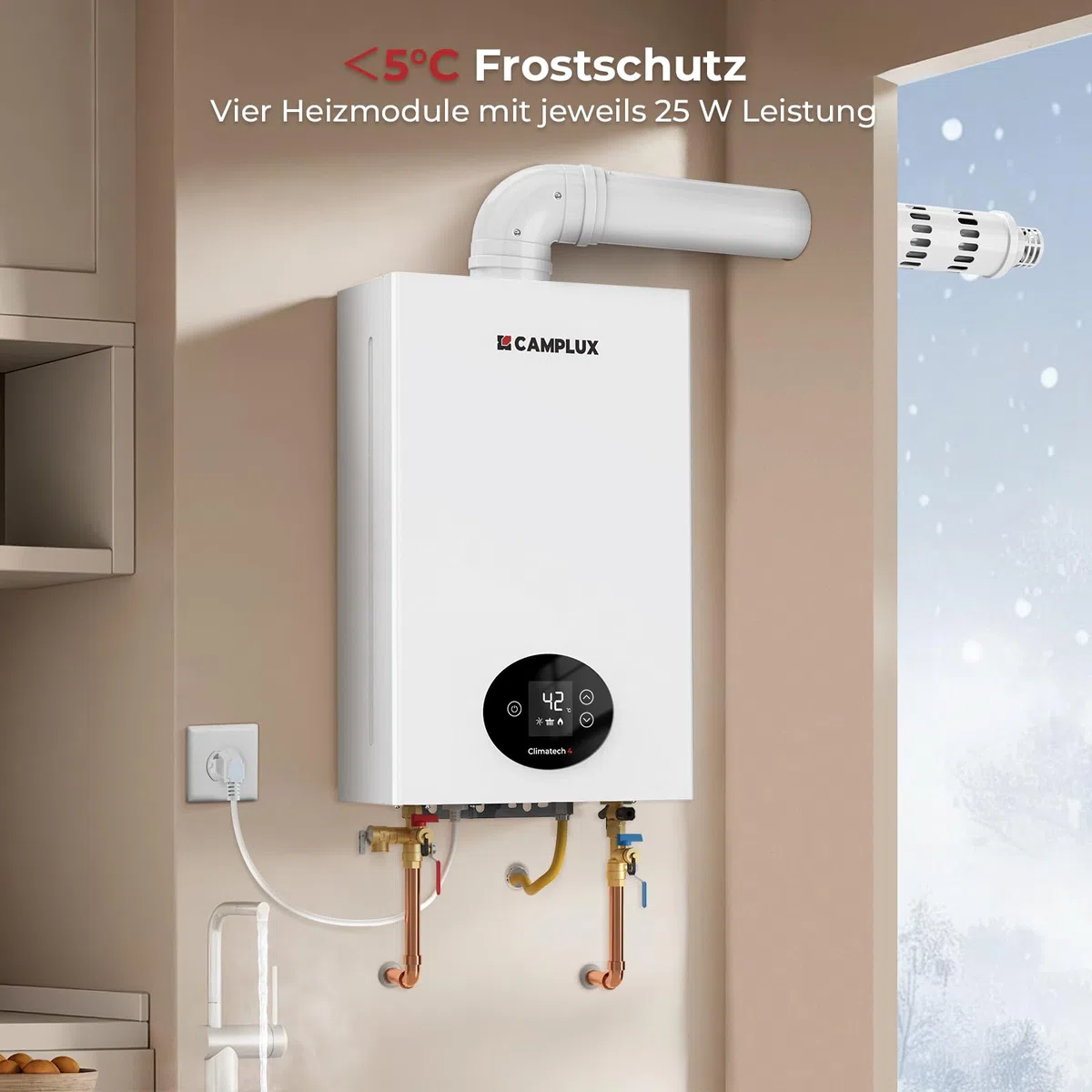 CAMPLUX Climitech 4 Gasdurchlauferhitzer 12 Liter, Indoor Gasdusche für Küche/Bad, Butan/Propan, 28-50 mbar, GX318LP