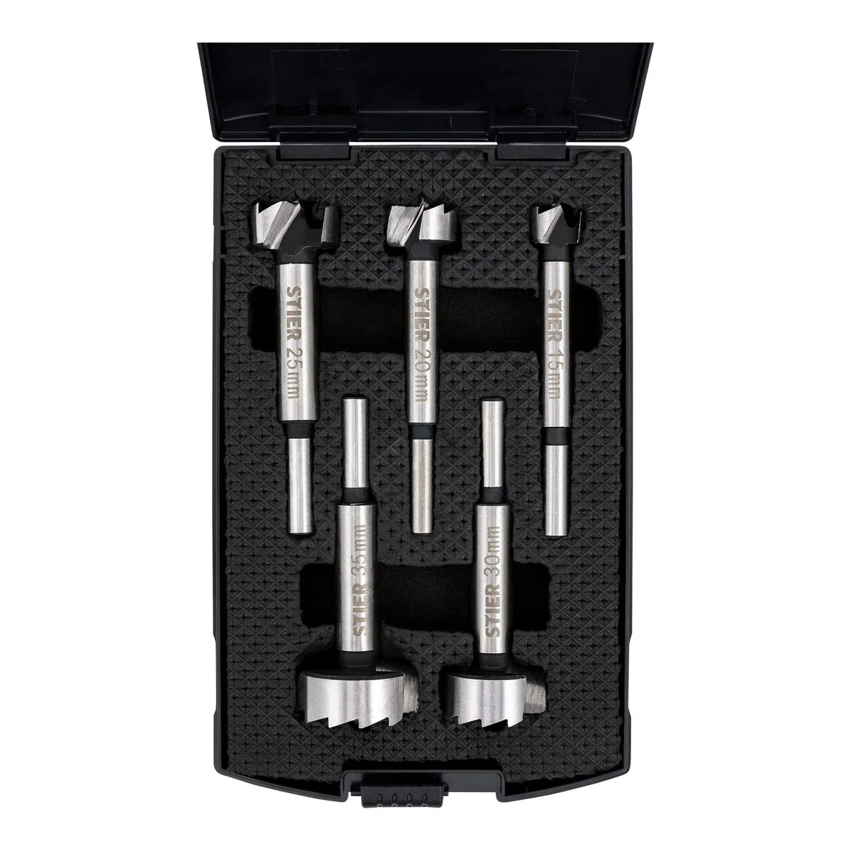 STIER hochwertiger Forstnerbohrer Set, 5-teilig in praktischer Kassette, Bohrergrößen: 15, 20, 25, 30, 35 mm mit 10 mm Schaft, geeignet für Hart- & Weichholz