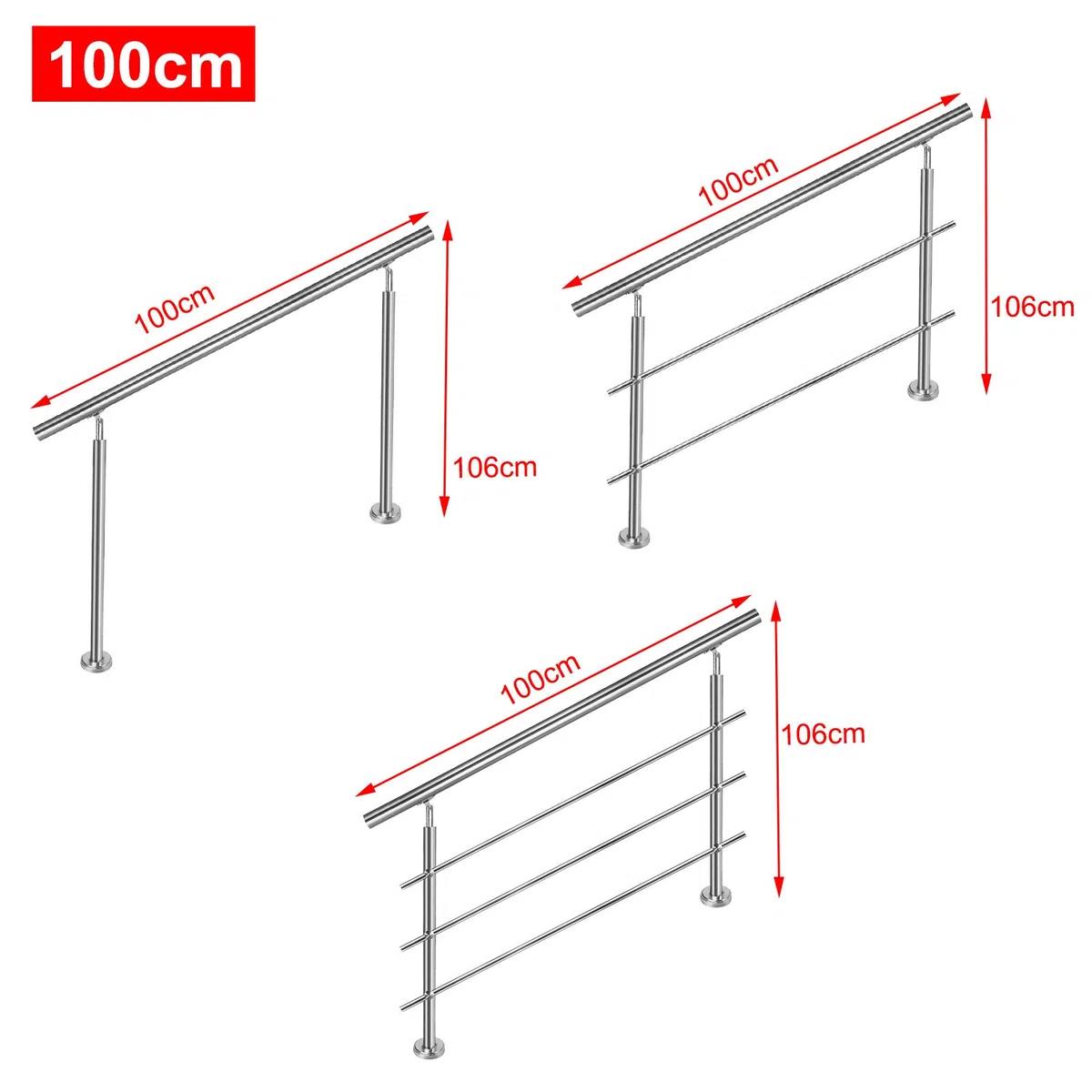 Aufun Edelstahl Handlauf 100cm Treppengeländer Innen und Außen mit 2 Pfosten für Treppen, Brüstung, Balkon (100cm, 0 Querstreben)