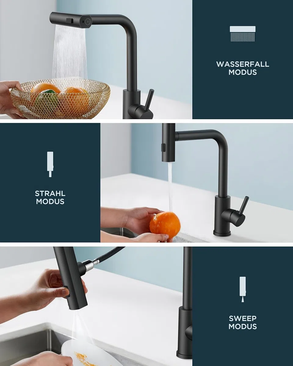 Faizee Home | Granitspüle 100x50 cm – 1,5 Becken mit Abtropffläche | beidseitig montierbar, kratzfest & hitzebeständig | inkl. Armatur & Siphon-Set (Aqua Twist, Schwarz Gesprenkelt)
