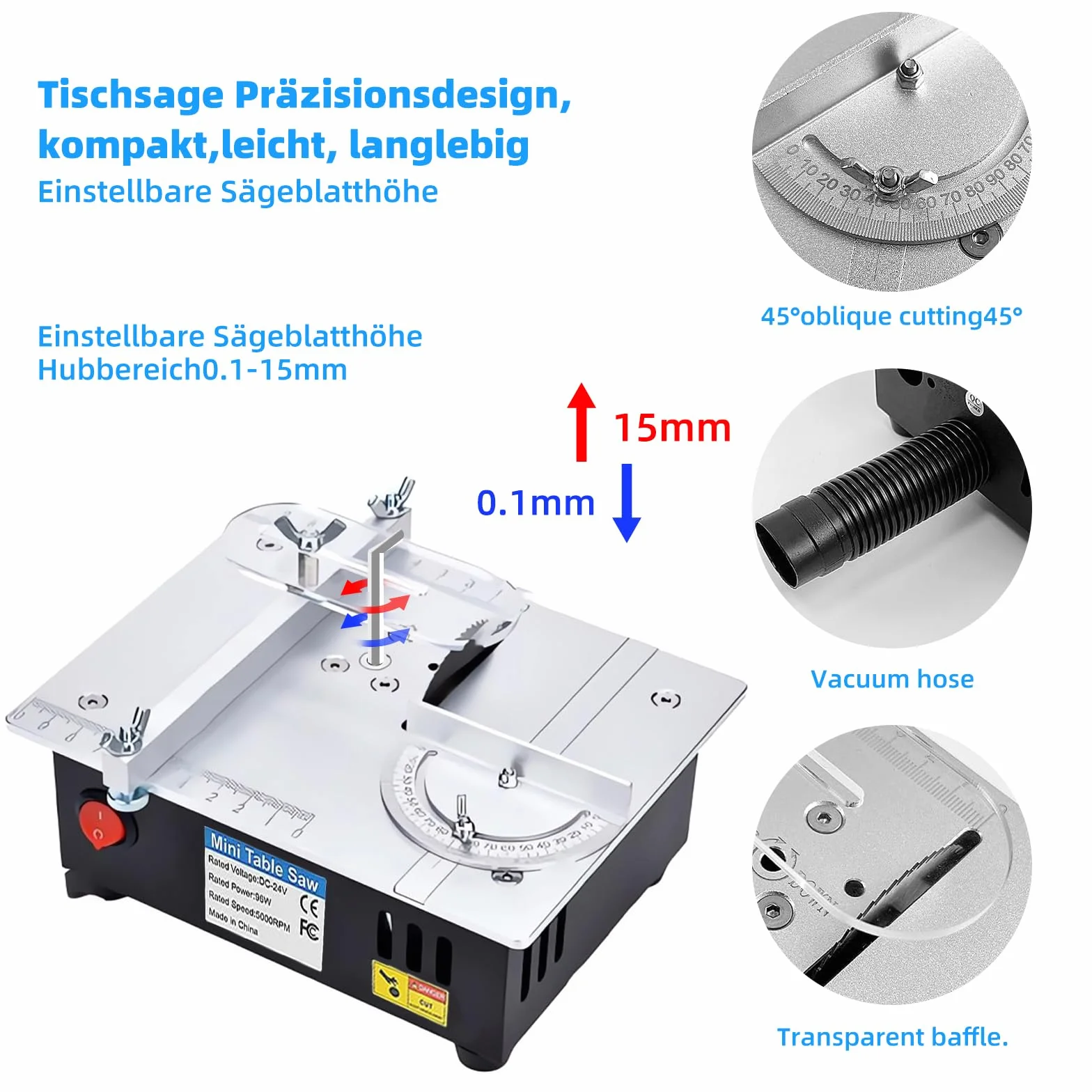 Tischkreisäge mit 4 Klingen, 7-Gang-Netzteil Einstellbarer, Tischkreissäge Klein Tragbare Präzisions, Table Saw Blade 0,1-15mm Sägeblatt Hönverstellbarer, Mini Tischkreisäge für DIY-Holz