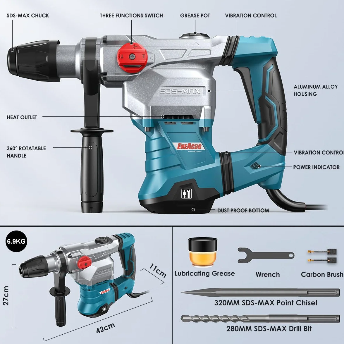 ENEACRO SDS-MAX Bohrhammer,12Joule 1500W Abbruchhammer mit 3 Funktionen, Anti-Vibrationsgriff und Sicherheitskupplung, 40 mm Bohrleistung in Beton， Mit Bohrer und Meißel, Werkzeugpaket