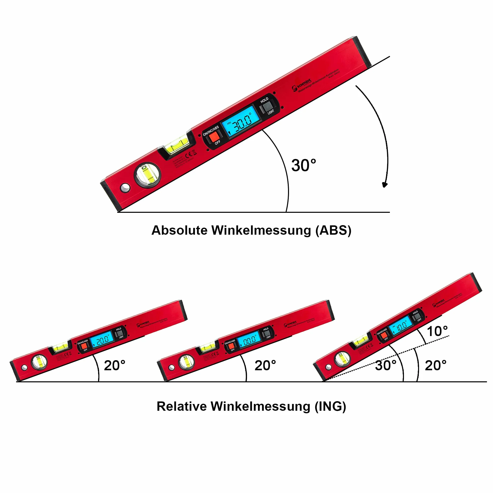 SCHMIDT security Tools Elektronik Wasserwaage Winkelmesser - Neigungsmesser - digital LCD-Anzeige - Kombimessgerät - Gradmesser- Vertikal- und Horizontal-Libelle - Winkelwaage - Magnetwaage