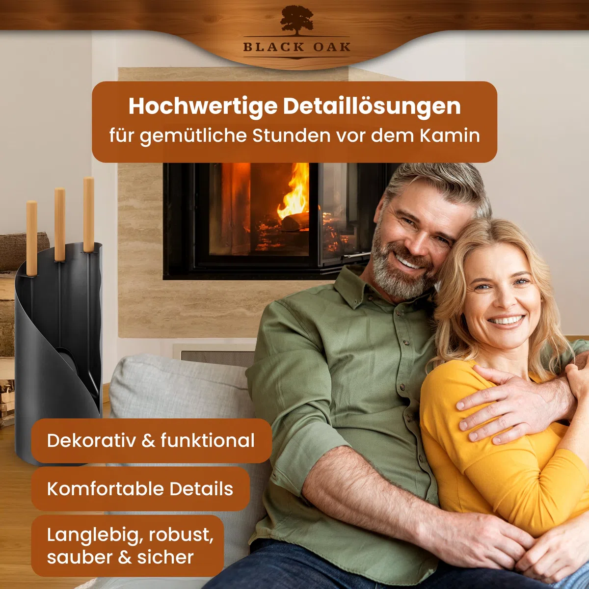 BLACK OAK Kaminbesteck VAIL 4-teilig - modernes Ofenbesteck Set schwarz mit Holzgriff 4 teilig mit Schürhaken Ascheschaufel Kaminbesen + Ständer modern Stahl - Kaminzubehör Kaminofen Besteck für Ofen