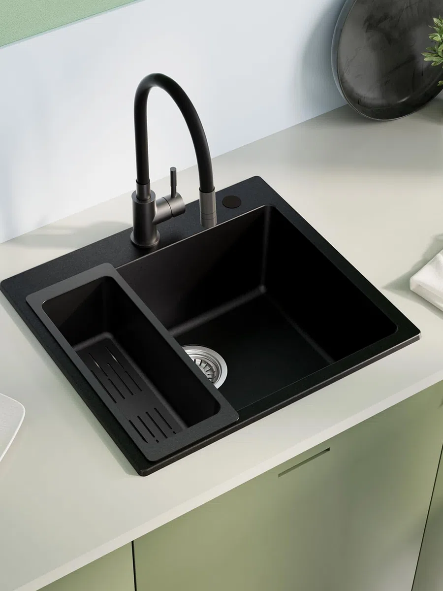Küchenspüle Schwarz Granit 50x45cm, Spülbecken Küche Eckig, Moderne Einbauspüle Set mit 2 Hahnlöchern, Waschbecken Küche Schwarz, Spüle Küche, Granitspüle für Küchen, Hauswirtschaftsraum