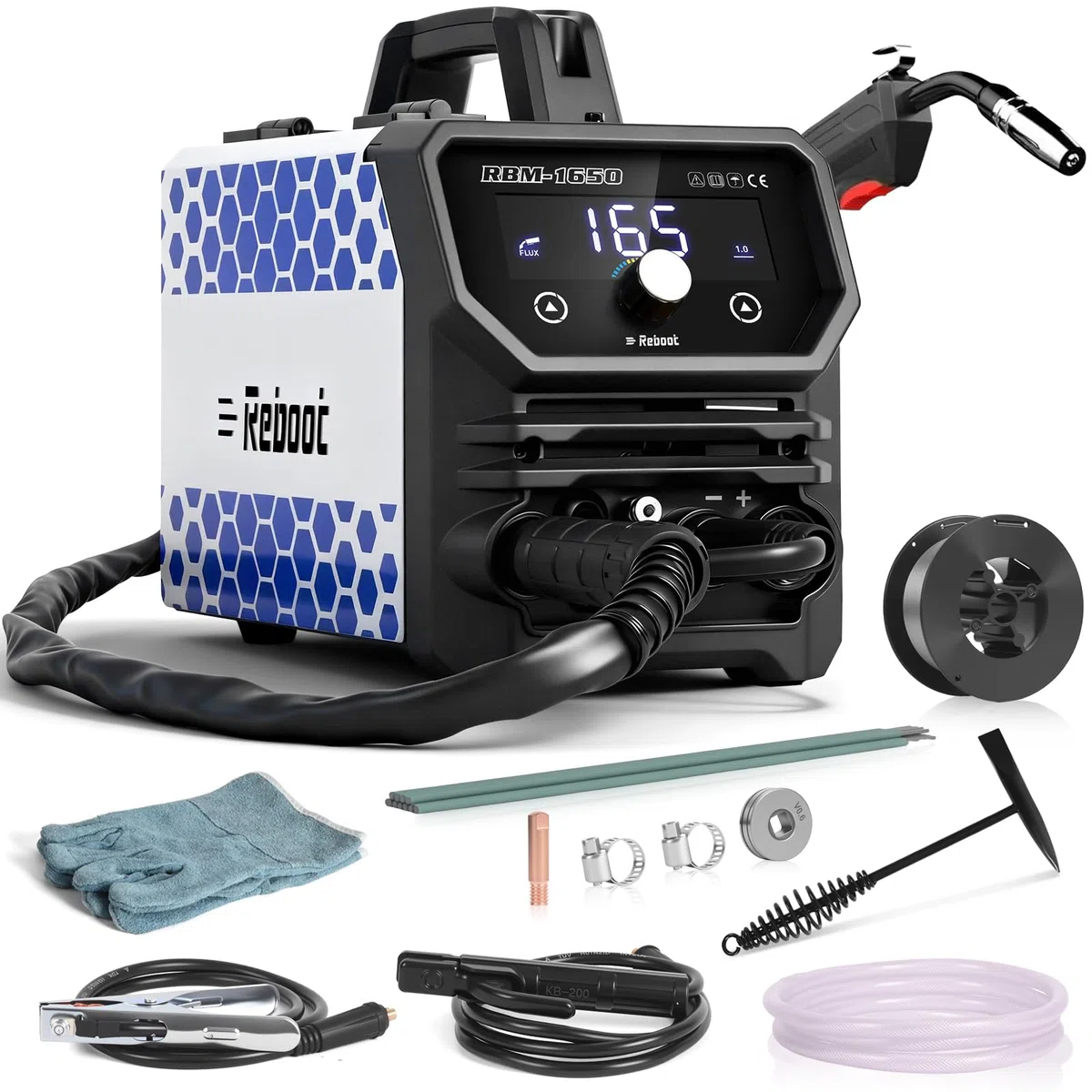 Reboot Schweißgerät 4 in 1 Gas/Gaslos – MIG/MAG/MMA/Lift-TIG Inverter IGBT, 165A Fülldraht Schweißgerät mit 1-Knopf-Synergie & Anti-Stick, LED-Display, ideal für Heimwerker & Kfz-Reparatur
