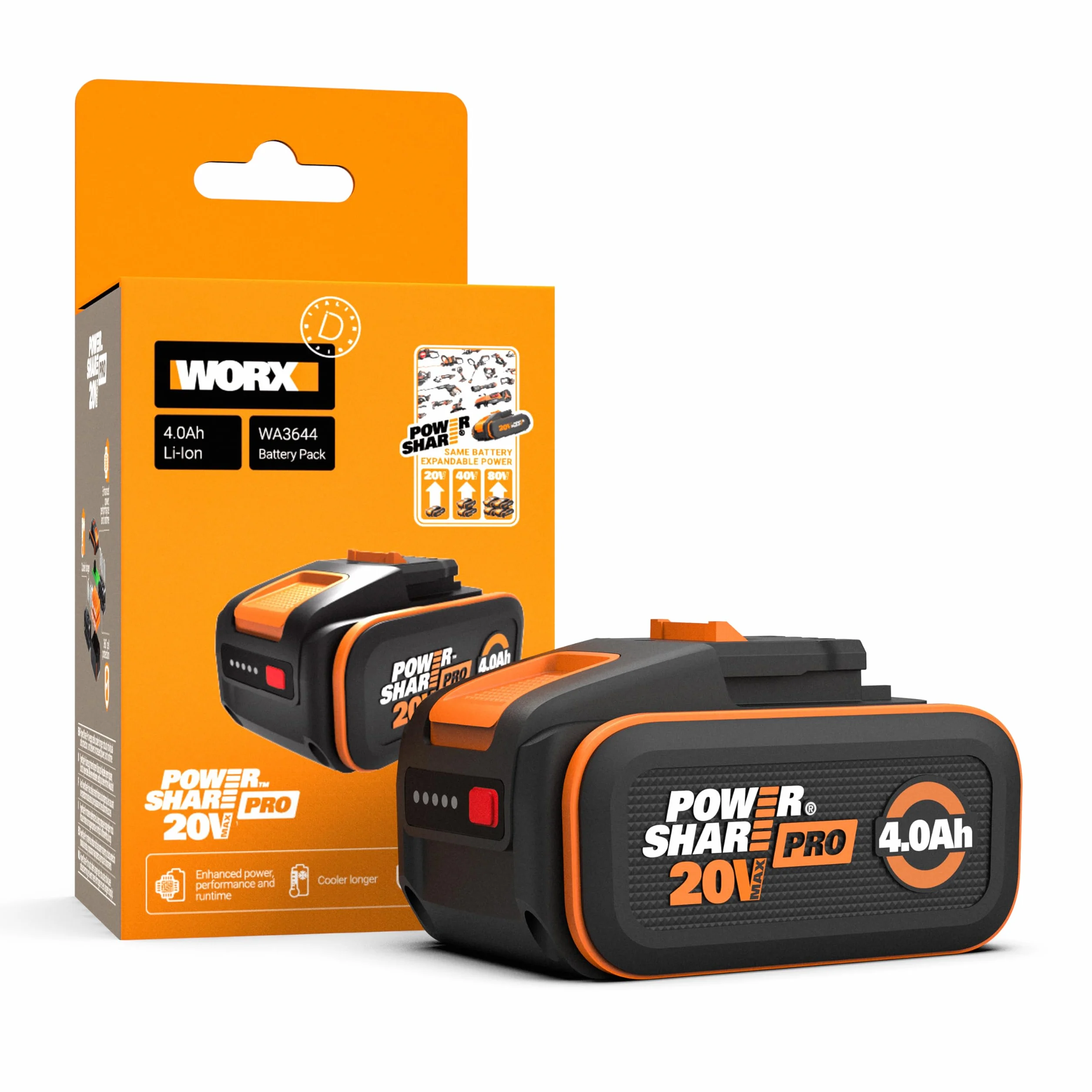 WORX WA3644 PowerShare Pro Akku 20V 4,0 Ah Li-Ion wiederaufladbar mit LED-Anzeige Heatshield-Technologie