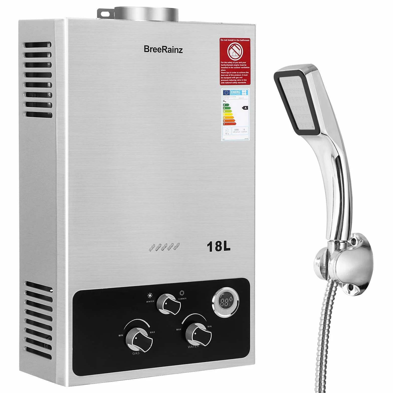 BreeRainz 18LPM Gasdurchlauferhitzer, 36KW LPG Propan Butan Warmwasserbereiter Durchlauferhitzer, Warmwasserspeicher für Zuhause Wohnmobile