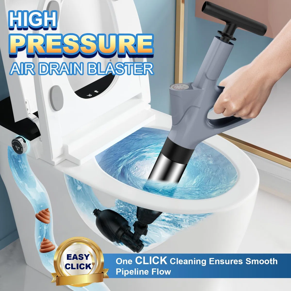 Pömpel Toilette, Rohrreiniger Druckluft mit Luftdruckanzeige, Pressluft Rohrreiniger mit 4 Saugnäpfen für Waschbecken, Toiletten, Badezimmer, Dusche, Küche