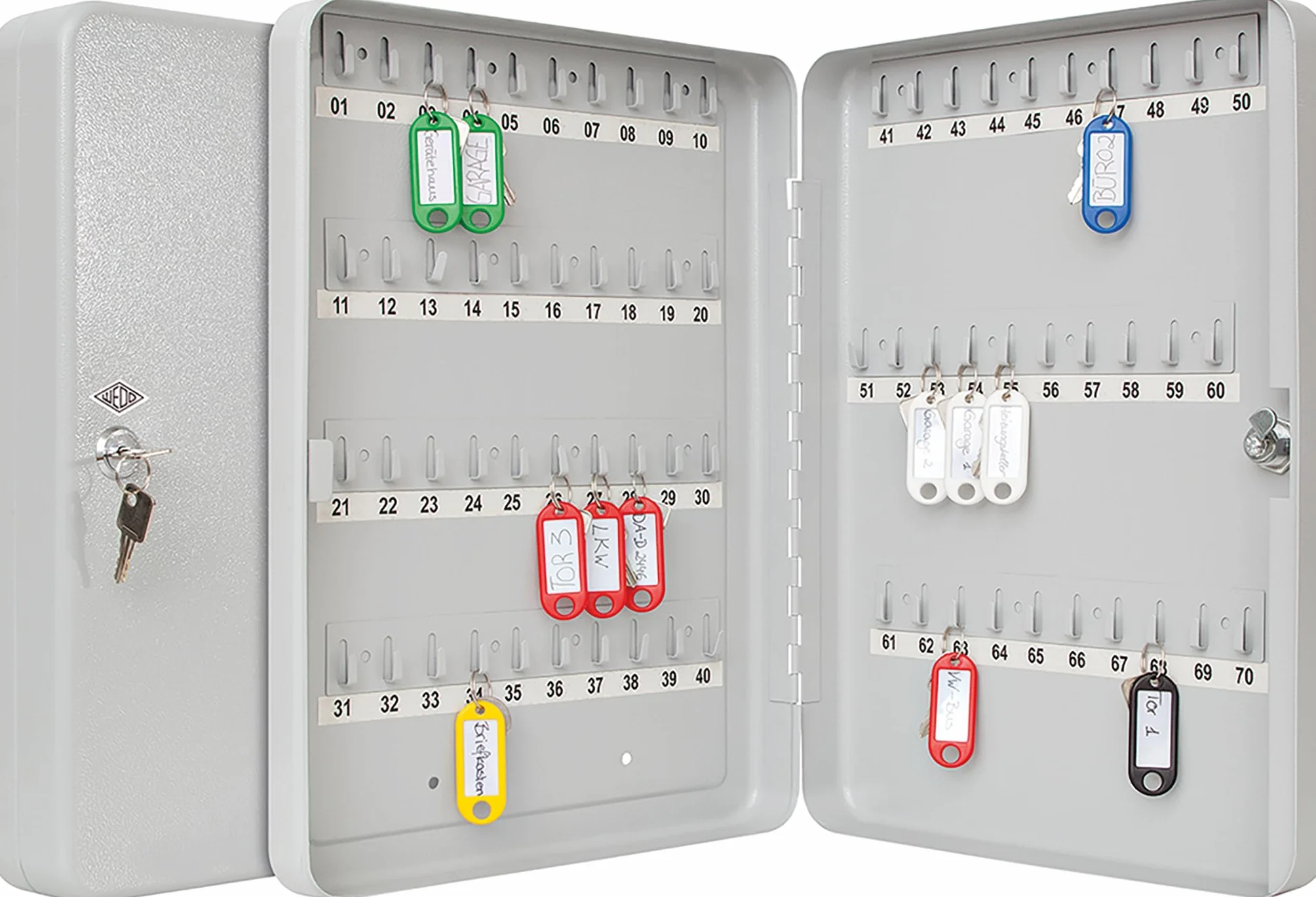 WEDO Schlüsselschrank 70 Schlüssel aus pulverbeschichtetem Stahl, inkl. Sicherheitsschloss und Wandmontage Set