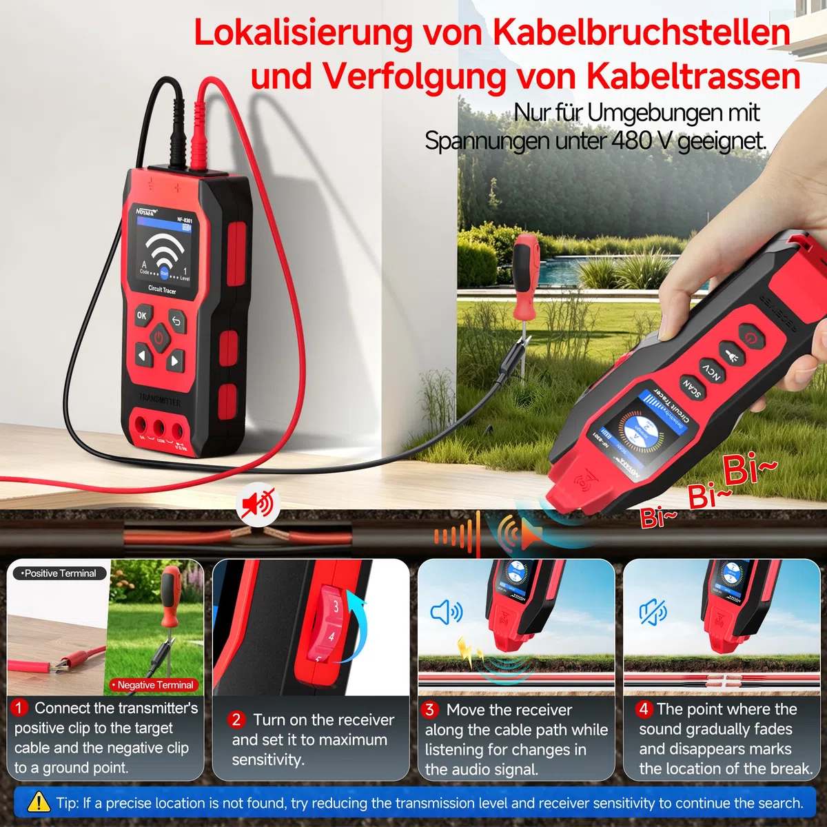 NOYAFA NF-8301 Kabelsuchgerät & Leitungssucher mit Digitalmultimeter, Unterirdischer Kabeldetektor, 8 Stufige Empfindlichkeit, Circuit Tracer für Wand, Sicherungs & Bewässerungskabel
