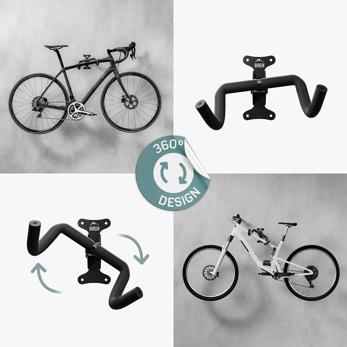 Borgen Fahrrad Wandhalterung klappbar - Fahrradhalterung Wand bis 20kg Tragfähigkeit - Winkel und Wandabstand einstellbar - extra softe Polsterung - Fahrradaufhängung Wand für MTB, Rennrad, E Bike