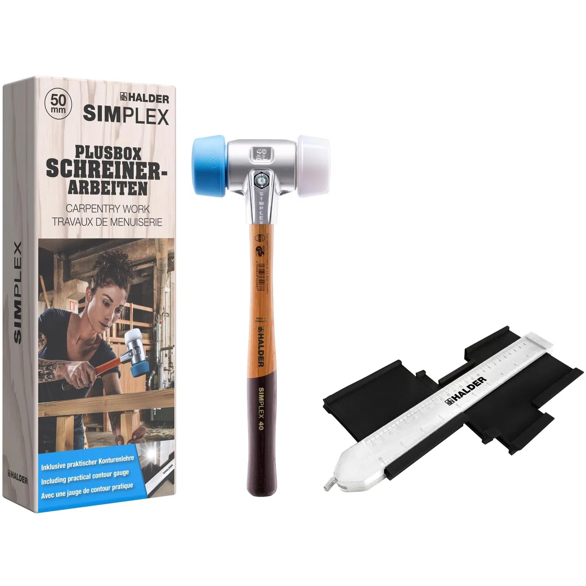 HALDER - Plusbox Schreinerarbeiten, SIMPLEX-Schonhammer, TPE-soft/Superplastik plus Konturenlehre | 3117s004