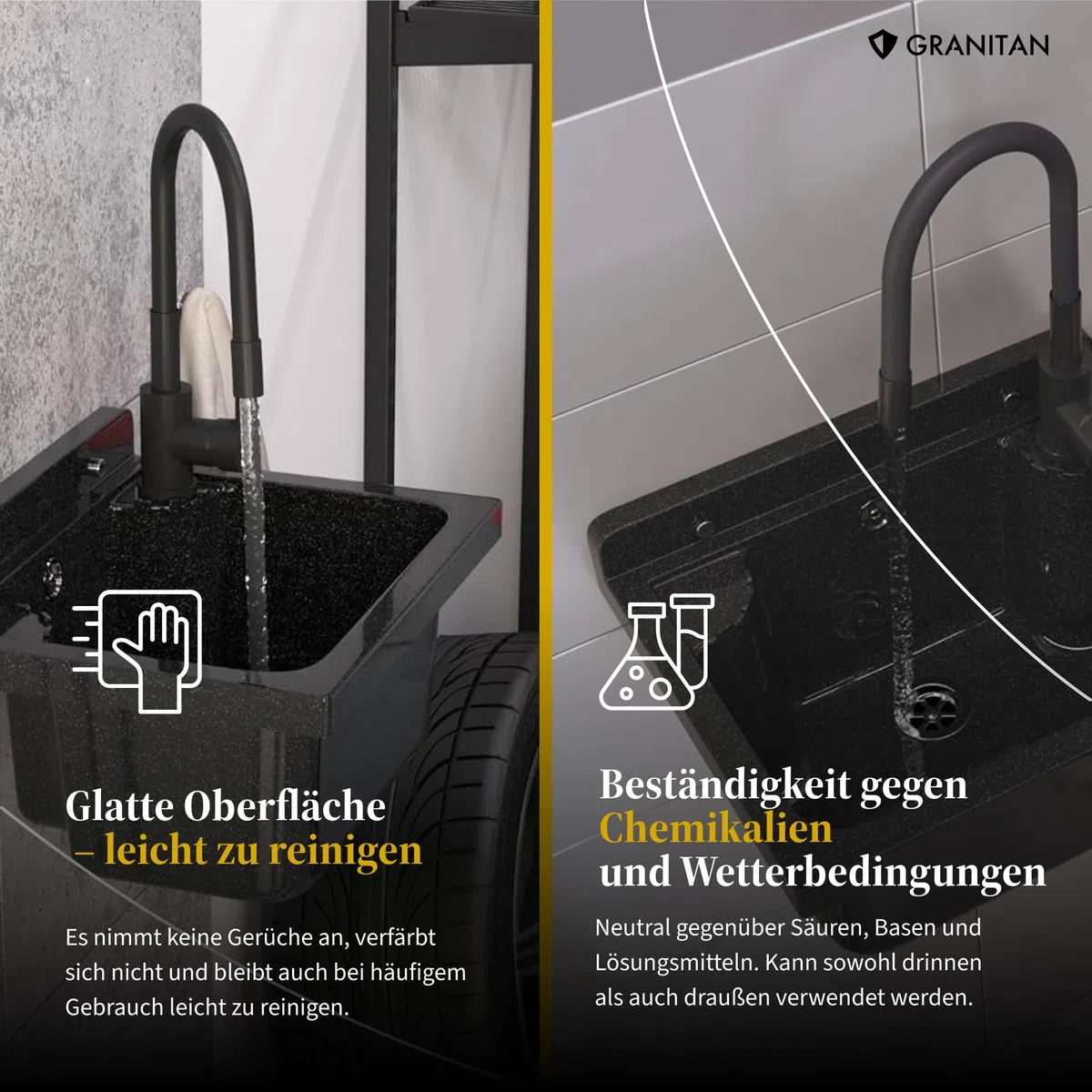 Ausgussbecken mit Mischbatterie undPlatz für Seifenspender Garage Keller Werkstatt und Waschküche - Universal Waschtrog mit Siphon - Waschbecken Wandmontage - 42x34x24 cm - Weiß - Granitan
