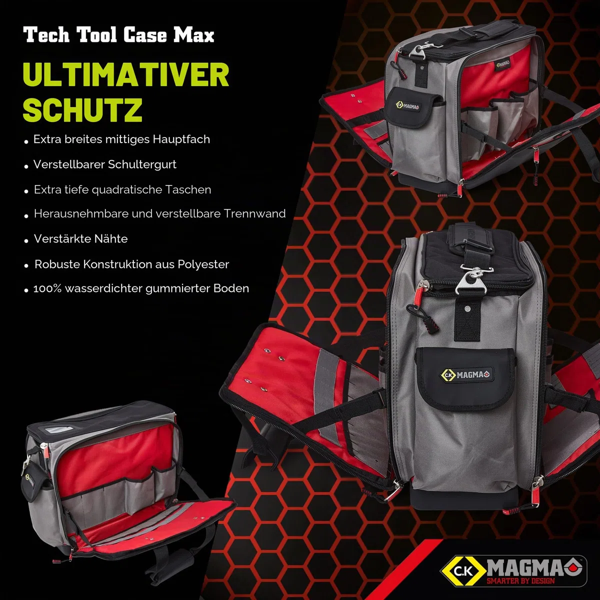 C.K Magma Werkzeugtasche Tech Tool Case Max, 50 Fächer, Laptopfach, extra breites Hauptfach, wasserdichter Gummiboden, robuste Werkzeug Aufbewahrung für Elektriker, Techniker und Handwerker, CK MA2639