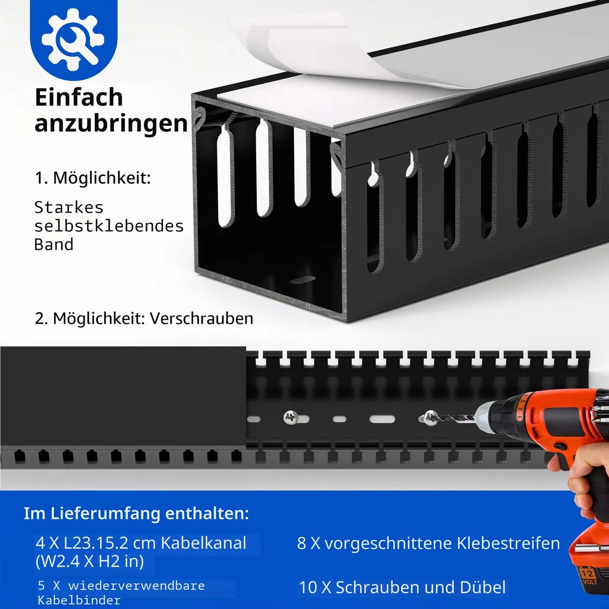 ZhiYo Kabelkanal schwarz 240cm - Serverrack-Set mit 4x60cm Verdrahtungskanal | Sicherer PVC-Kabelkanal H5xB6cm für Schreibtisch/Netzwerk - Offene Kabelrinne mit Stecksystem