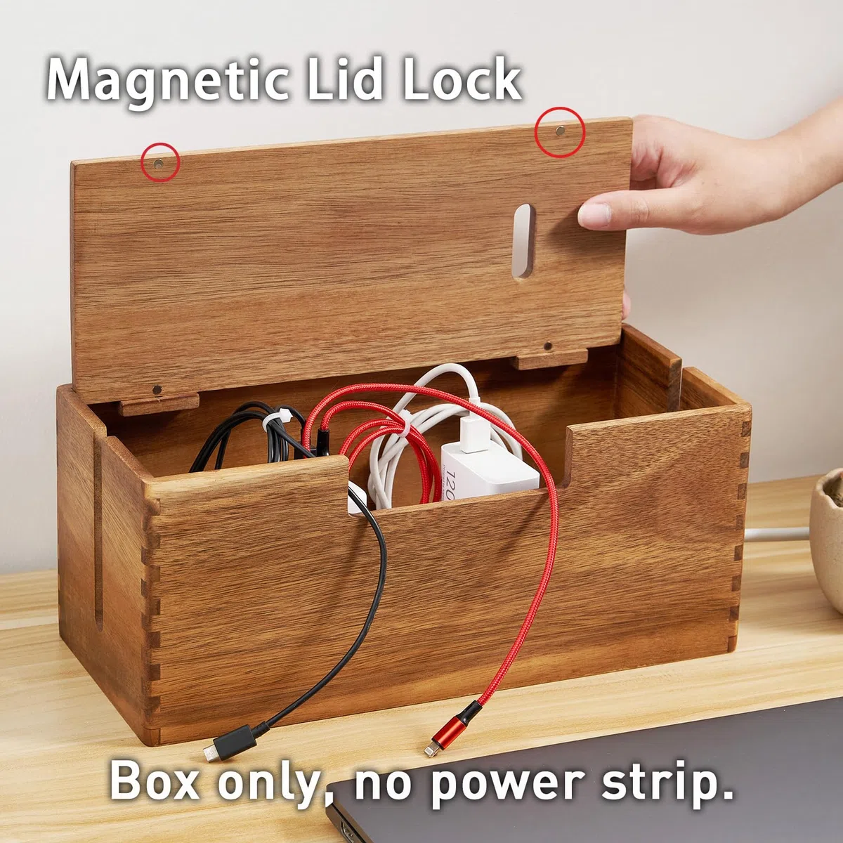 Akazienholz Kabelmanagement-Box, Kabelorganizer mit Deckel für Steckdosenleiste - Kabelversteck für TV, Schreibtisch & Boden, Büro, Wohnzimmer, Home-Office (Untertisch-Kabelbox zur Kabelaufbewahrung)