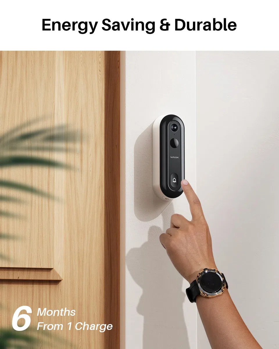 WUUK Türklingel mit Kamera Kabellos 2K, Video Türklingel, Keine Monatsgebühren, 32GB Speicher, 2,4/5 GHz WLAN, 180 Tage Akkulaufzeit, Kompatibel mit Alexa & Google Home, Basisstation + 1 Funkklingel