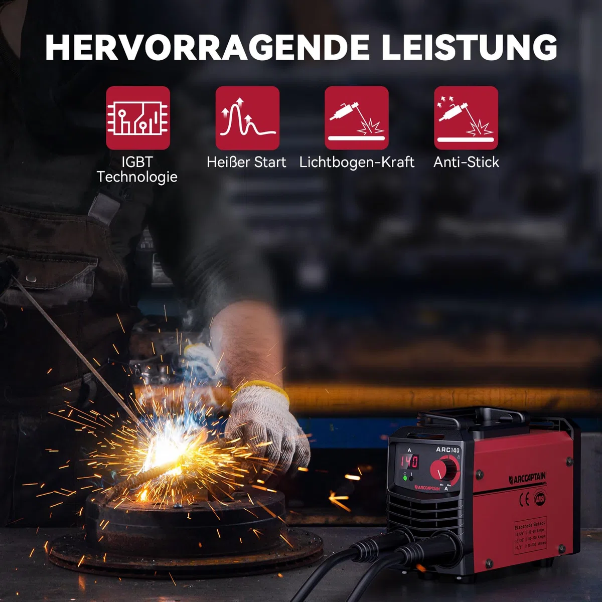 ARCCAPTAIN Mini ARC140 Schweißgerät 140A IGBT 230V MMA Elektrodenschweißgerät Stabschweißgerät Heißer Start Wechselrichter Antihaft Digitalanzeige LCD mit 14in Storage Box