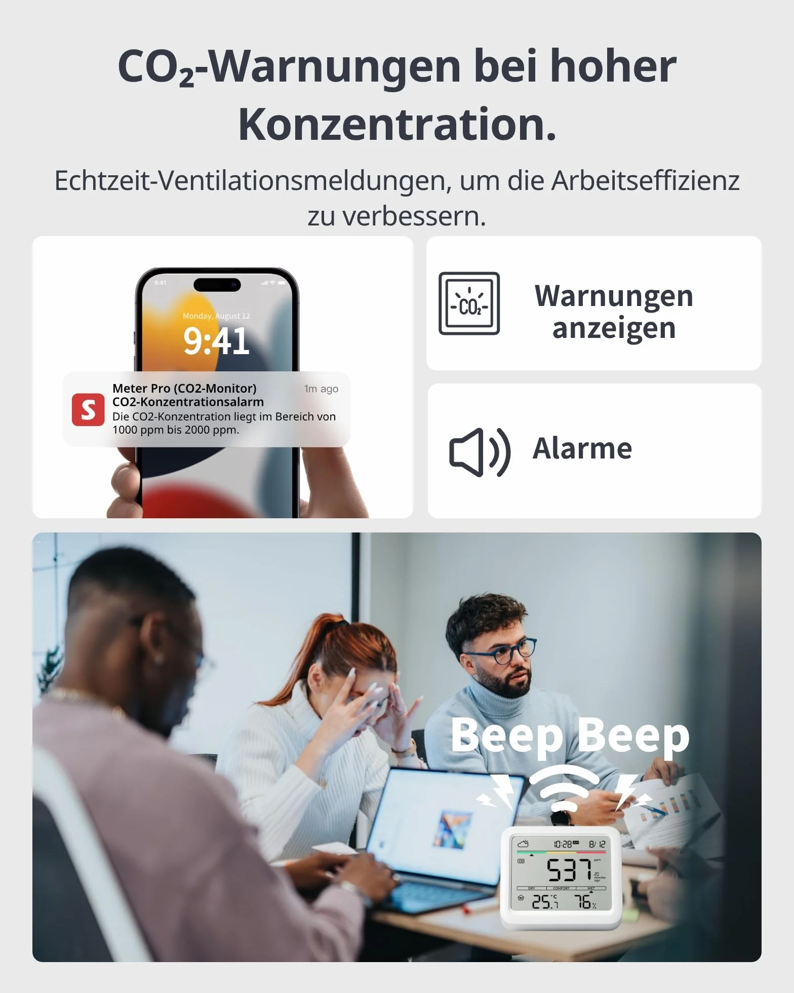 SwitchBot CO2-Melder, CO2 Messgerät mit Thermometer Hygrometer Innen, Bluetooth CO2 Sensor mit APP, 2 Jahre Datenspeicher