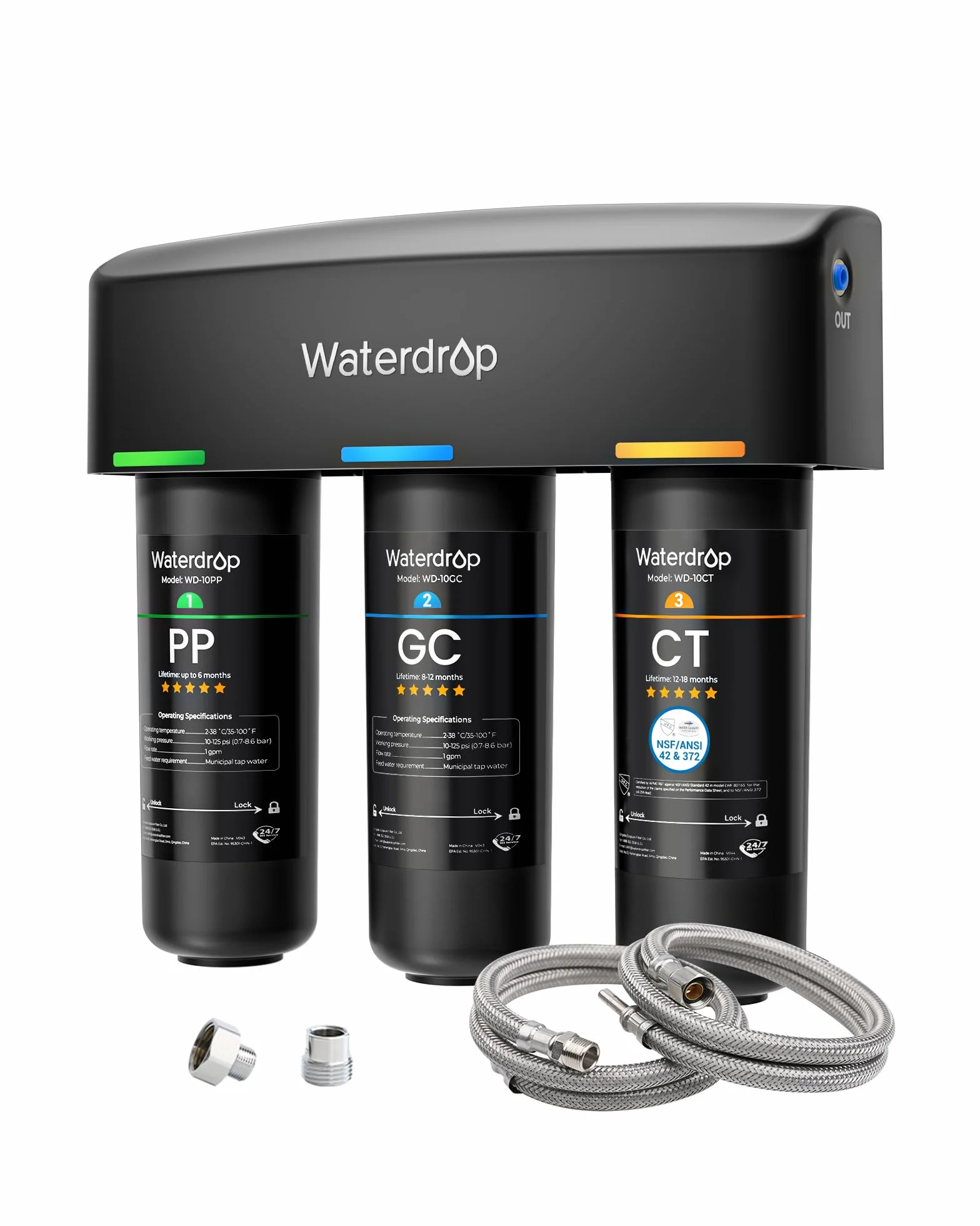 Waterdrop TSA Untertisch Wasserfiltersystem, 3-stufige 0,5 Mikron Wasserfilter Trinkwasser, NSF/ANSI 42 Zertifiziert, Entfernt 99,99% Blei, Chlor, Chloramin, Fluorid, Geruch, Direktanschluss