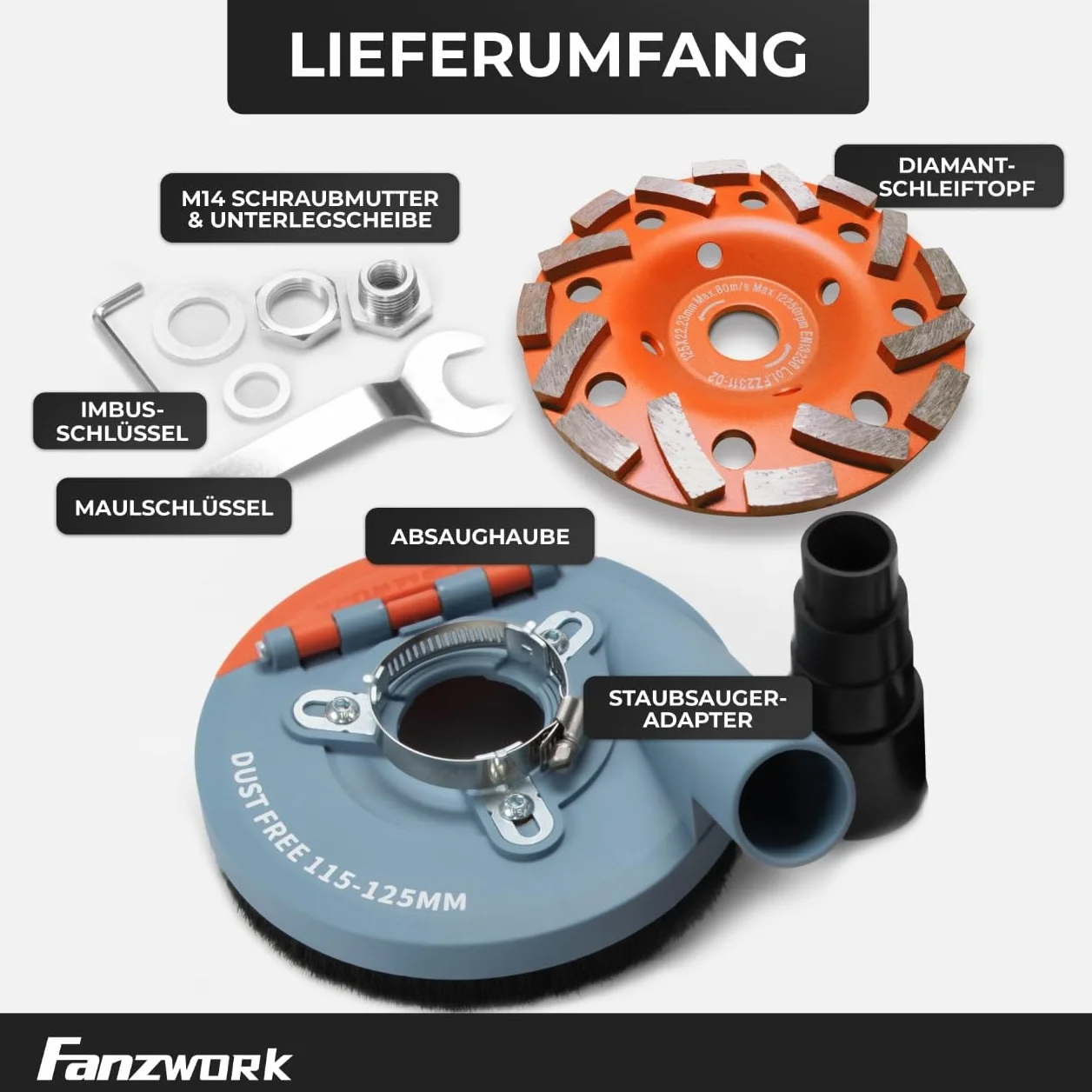 FANZWORK Absaugaufsatz Absaughaube für Winkelschleifer inkl. 125 mm Diamantschleiftopf PROFI QUALITÄT – Bürsten auswechselbar – 99% universal passend – verstärkter Adapterring – M14 Adapter