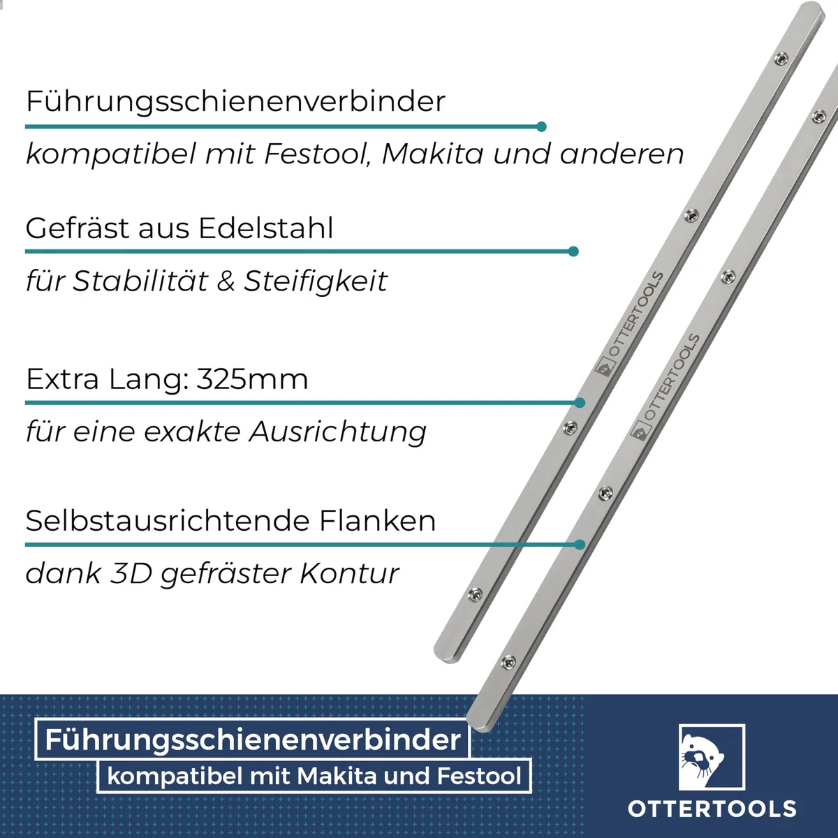 FSV Führungsschienenverbinder 2er Set – Edelstahl, selbstzentrierend durch konische Kanten – Kompatibel mit Makita & Festool – für präzise, versatzfreie Schnitte