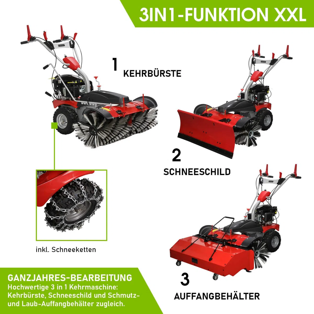 BRAST Kehrmaschine Benzin | Laubsammler Schneeschieber | XXL Premium | 4,8kW(6,5PS) - 5,14kW(7PS) | viele Modelle | 80-100cm Arbeitsbreite | Elektrostart | Schneeketten | 3in1 Gerät