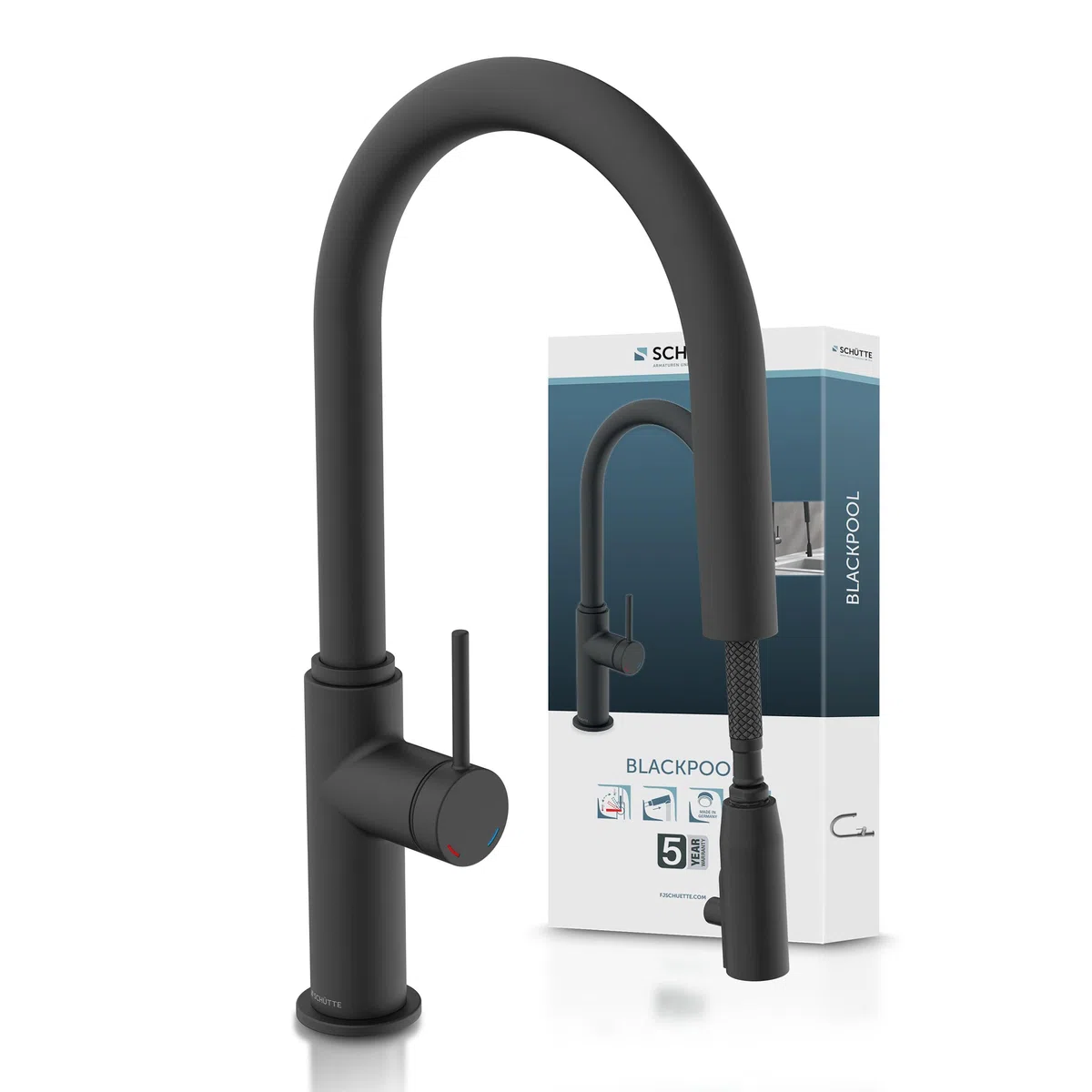 SCHÜTTE 79566 Blackpool Küchenarmatur mit ausziehbarer Geschirrbrause, 360 Grad Wasserhahn für die Küche, Mischbatterie mit Einhebelmischer, Spültischarmatur mit Brause ausziehbar in Schwarz