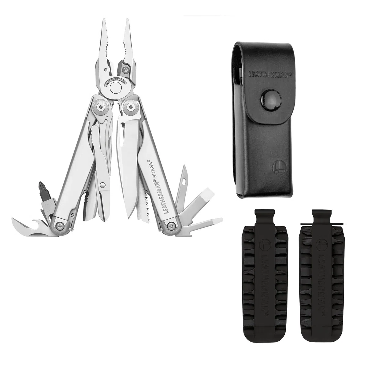 Leatherman Surge Multi-Tool, Holster & Bit-Kit-Bundle - 21-teiliges, robustes Multifunktionswerkzeug aus Edelstahl mit 42 Bits und Schwarzem, Großem Lederholster