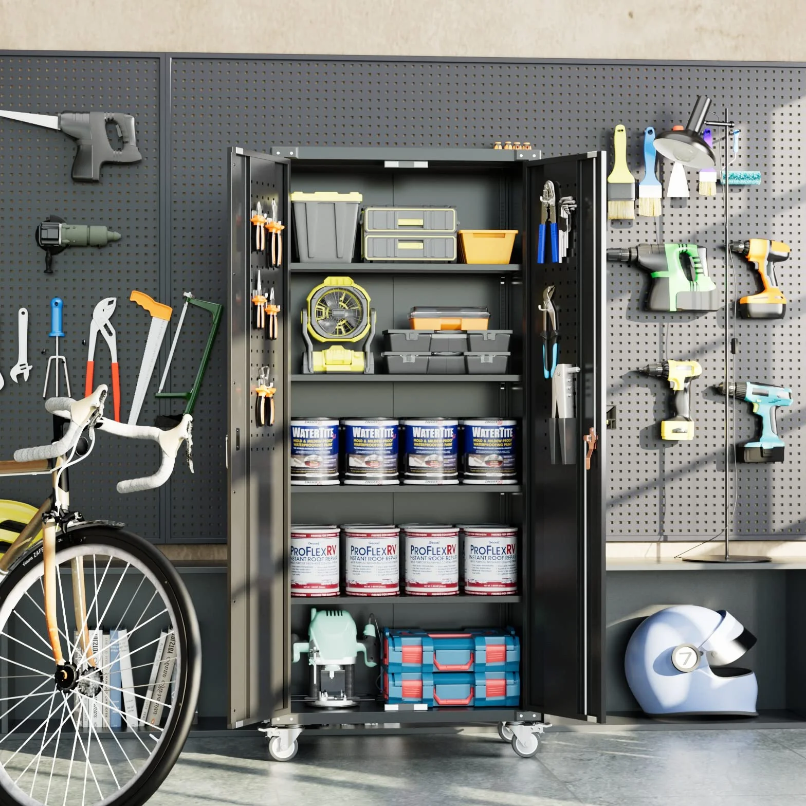 SUPEER Metallschrank mit Pegboard und Abschließbare Räder, 4 höhenverstellbaren Fachböden,Stahlblech Pulverbeschichtung,Stahlschrank Abschließbar für Werkzeuge,Garage183 x 80 x 40 cm（schwarz）