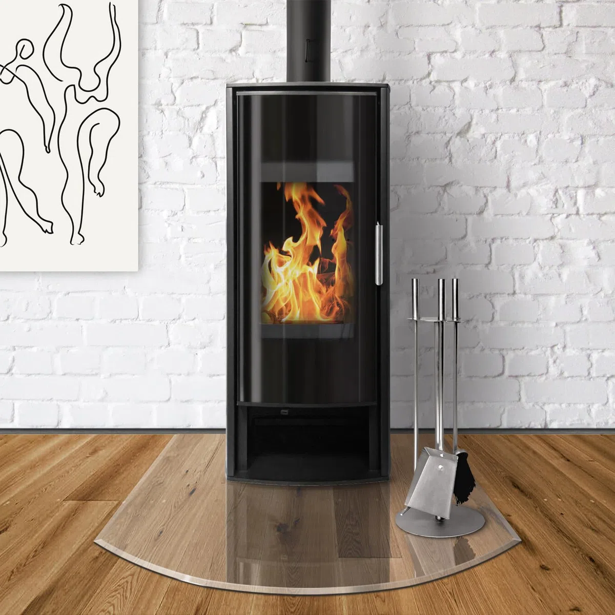 raik Kamin Glasplatte Zunge 100 x 120 cm ESG Sicherheitsglas transparent inkl. Facette Funkenschutz Bodenplatte für Kaminofen Holzofen Feuerstelle 1000 x 1200 mm