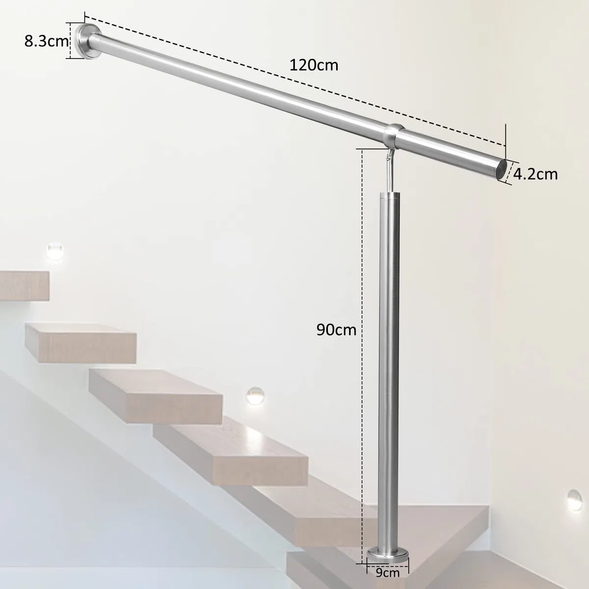 Randaco Eingangsgeländer Edelstahl Handlauf Treppengeländer Geländer Seitliche Montage Winkel Einstellbar Wandhandlauf, inkl.Montagematerial, Pflegeleicht Innen Außen Handlauf, 120cm