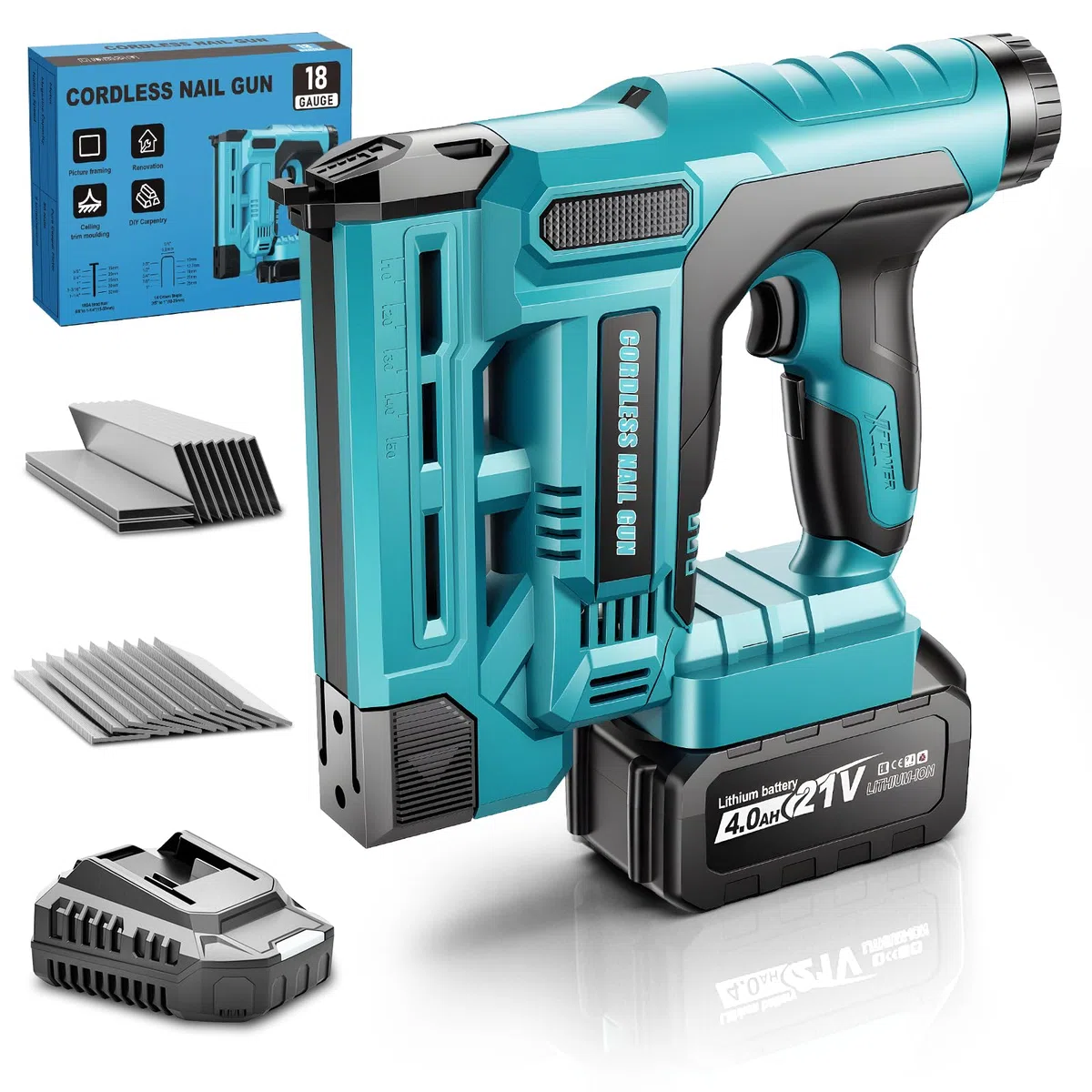 Akku Tacker Kompatibel mit Makita 18V, 18GA 2-in-1 Akku Nagelpistole mit 1x 4.0Ah Akkus, 1000 Nägel & 1000 Klammern, Einstellbare Tiefe, Profi Elektrotacker für Holz & DIY